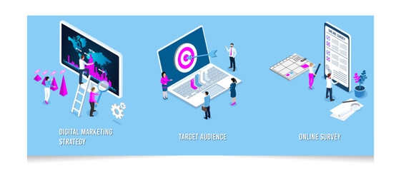 3D isometric Digital Marketing concept for business and social media marketing, mobile advertising, content marketing, Business analysis, content strategy, and management. Vector illustration eps10