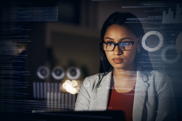 Digital IT technician or software developer coding user interface or UX program code on computer at night. Futuristic javascript SSL language with genius female engineer reading security information.