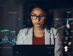 Canvas Print - Finance business woman working on laptop in dark office, trading and learning on internet in a dark office at night. Cgi of manager and corporate worker doing stock market analysis and research