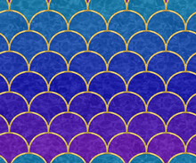 Arcs Seamless Pattern. Grid. Mosaic, Inlay. Illustration In Stained Glass Style. Art Deco Style. Seamless Chaotic Pattern For Wallpapers, Textile Print, Tile. Decorative Gold Waves. Oriental Pattern.