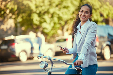 Poster - Business woman, bicycle and taking a mobile break outdoors in the street. Working lady in business travels with sustainable transport. Carbon neutral worker enjoys exercise and bike ride outside.