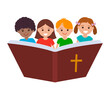 cute children read the bible. Sunday school concept. vector illustration