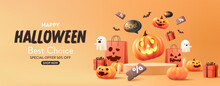 Halloween Sale Promotion Poster Template With Halloween Pumpkins,cute Ghost,coupon,shopping Bag And Gift Box .Website Spooky Or Banner Template. Vector Illustration Eps 10