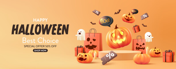Wall Mural - Halloween Sale Promotion Poster template with Halloween pumpkins,cute ghost,coupon,shopping bag and gift Box .Website spooky or banner template. Vector illustration eps 10