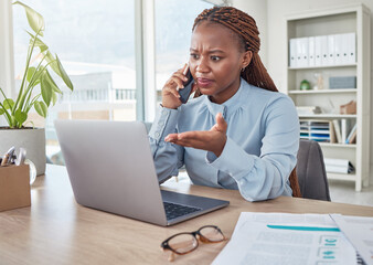 Poster - Angry, phone and stressed black woman on a business call about tax, audit and compliance email on laptop at office desk. Employee working mad, internet and tech glitch on the website of the company