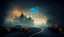 Broken Old Car With Pumpkins Illustration For Halloween. Halloween Night Pictures For Wall Paper.3D Illustration.