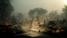 Old Cemetery With Pumpkins Illustration For Halloween. Halloween Night Pictures For Wall Paper.3D Illustration. 