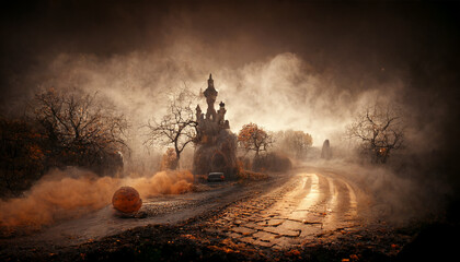 Old cemetery with pumpkins illustration for halloween. Halloween night pictures for wall paper.3D illustration. 