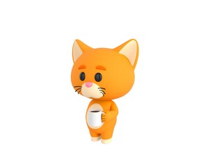 Poster - Orange Little Cat character holding white coffee mug in 3d rendering.