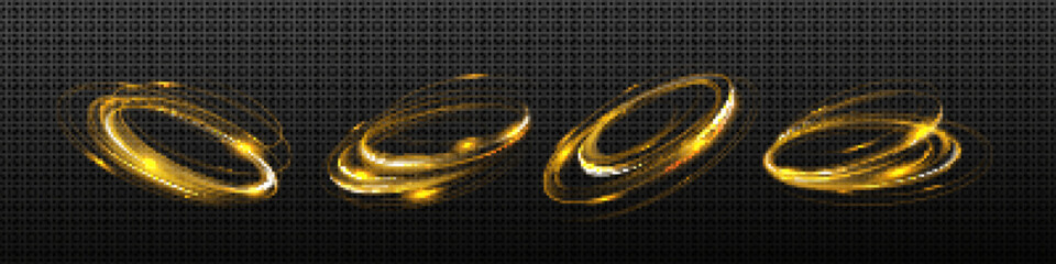 Wall Mural - Abstract gold light swirls, circle lines glow effect. Vector realistic set of magic rings, shiny energy whirls, round flash motion isolated on transparent background