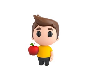 Sticker - Little boy wearing yellow shirt character holding red apple in 3d rendering.