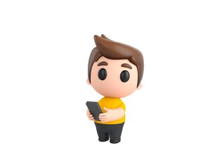 Wall Mural - Little boy wearing yellow shirt character using smartphone and looking to camera in 3d rendering.