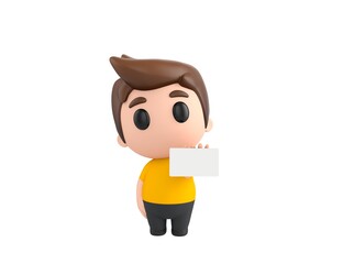 Wall Mural - Little boy wearing yellow shirt character holding white card in 3d rendering.