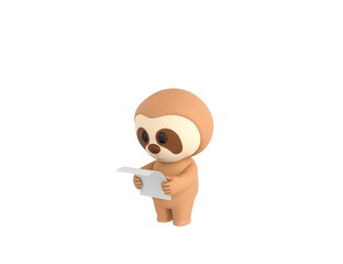 Sticker - Little Sloth character reading paper in 3d rendering.