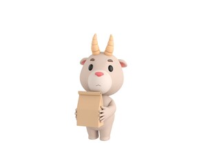 Sticker - Little Goat character holding paper containers for takeaway food in 3d rendering.