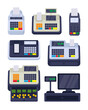 Different cash machines for checkout vector illustrations set. Drawings of POS terminal, fiscal cash register with money, cashier till machine with screen, receipt printers. Equipment, payment concept