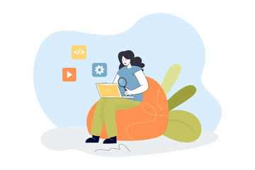 Wall Mural - search for mobile applications by woman. person holding magnifying glass and laptop, sitting in chai