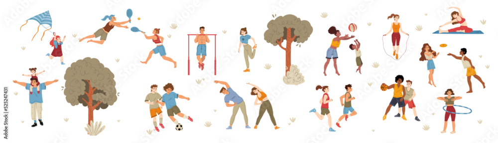 People enjoying outdoor activities, flat character set isolated on ...