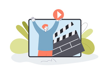 Wall Mural - man holding media player symbol. tiny person and cinema clapperboard on phone screen flat vector ill