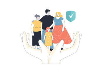 Wall Mural - hands holding tiny mother, father, grandmother and child. family characters standing with safety shi