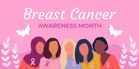 Wall Mural - breast cancer awareness month illustration with womens used ribbon