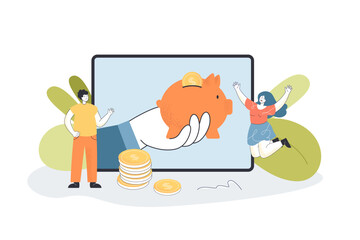 Hand from phone screen giving piggy bank with money to people. Bonuses of happy and rich tiny man and woman flat vector illustration. Cashback concept for banner, website design or landing web page