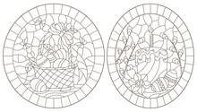Set Of Contour Illustrations Of Stained Glass Windows For The Easter Holiday, Still Life , Dark Outlines On A White Background