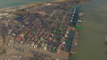 High Circling Aerial Shot Of Containers Waiting To Be Loaded Port Of Felixstowe