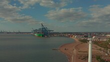 Wide Rising Drone Shot Of Felixstowe Port