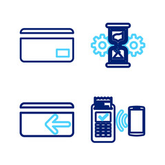 Poster - Set line POS terminal, Cash back, Hourglass and gear and Credit card icon. Vector