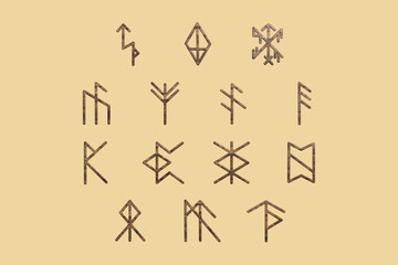 Wall Mural - Set of Norse runes. Collection of Icelandic symbols. Viking alphabet. Celtic sign. Magic runes. 
