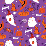 Fototapeta Dinusie - Happy Halloween seamless pattern   Pumpkin, bat, ghost, skull, star, owl, spider , hat. Vector cartoon illustration background
