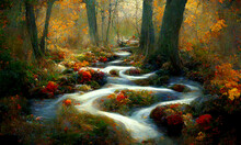 Stream Flow Through Autumn Forest, Landscape, Digital Illustration