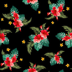 Wall Mural - Beautiful tropical flower and plant seamless pattern,