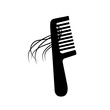 Hair loss woman problem. Hairbrush silhouette in simple style. Female or male hair on comb. Vector illustration, isolated icon on white background. Alopecia symptom because of stress and viral disease