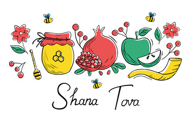 Rosh Hashanah card design with apple, honey, pomegranate and bees on white background. Vector