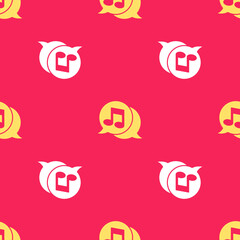 Sticker - Yellow Musical note in speech bubble icon isolated seamless pattern on red background. Music and sound concept. Vector