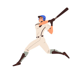 Wall Mural - Baseball batter swinging with bat, hitting. Happy athlete hitter in helmet, uniform playing base ball. Professional sports game player. Flat vector illustration isolated on white background