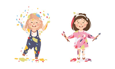 Canvas Print - Happy joyful little girls stained clothes, hands and faces with color paints cartoon vector illustration