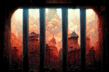 Bastille Prison With Iron Gray Bars,  Medieval Castle And Mountains Outside. Hard To Escape. Concept Art Scenery. Book Illustration. Video Game Scene. Serious Digital Painting. CG Artwork Background.