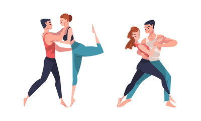 Canvas Print - Couple of professional dancers training and exercising in studio. Man and woman performing choreographic elements cartoon vector illustration