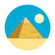 Egypt ancient pyramids of giza are egyptian pharaoh tomb on sand with sun and blue sky in circle flat vector icon design.