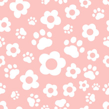 Seamless Pattern With Daisy Flower And Paw Prints On Pink Background Vector Illustration.