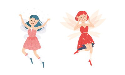 Sticker - Joyful fairy girls. Lovely elf girls with pointed ears and wings wearing nice dresses vector illustration