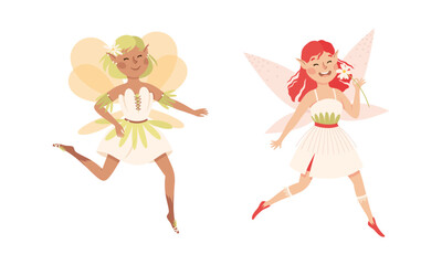 Sticker - Happy joyful elf girls in nice dresses. Lovely fairytale fairies vector illustration