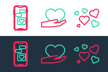 Sticker - Set line Heart, Mobile with heart and in hand icon. Vector