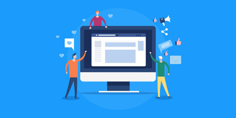Wall Mural - customer enjoying and interacting with social media post on computer screen, business review and exp