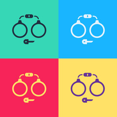 Canvas Print - Pop art Handcuffs icon isolated on color background. Vector