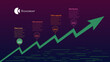 Roadmap with upward trend arrow and colored stages on dark purple background. Timeline infographic template for business presentation. Vector.