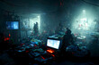 messy cyberpunk hacker hideout with cyan christmas lights, neural network generated artdecorations